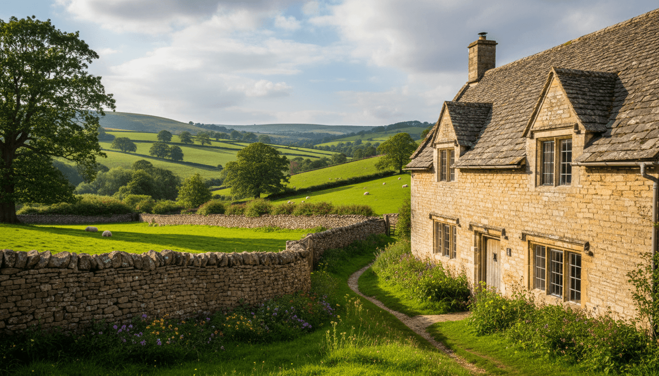 Stone cottage with slate roof and dry stone wall — English countryside property
